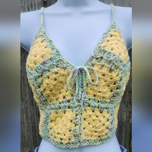Yellow Crochet Granny Square Halter Top 💕Size M